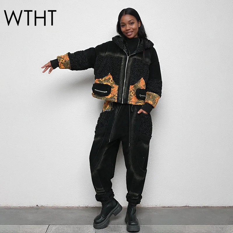 WTHT العصرية الجديدة المرأة المرقعة أفخم مقنعين الدنيم سترة ضمادة مرونة الخصر مستقيم الجينز الإناث 2025 الشتاء 1LS2793 #1