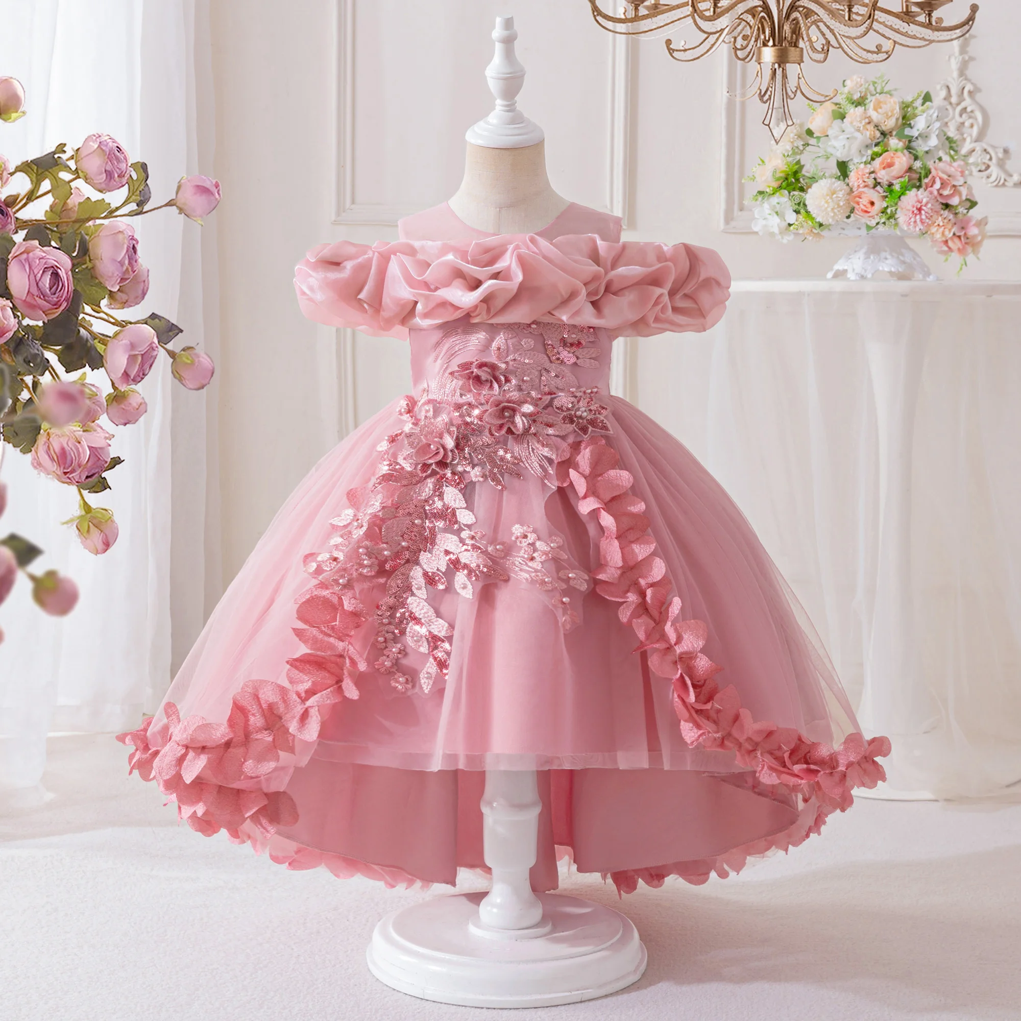 Elegantes Blumen-Trailing-Kleid für Mädchen, Tüll-Geburtstags- und Hochzeitskleid, Prinzessinnenkleid für Mädchen, Schleifen-Brautjungfernkleid, Weihnachts- und Abendkleid
