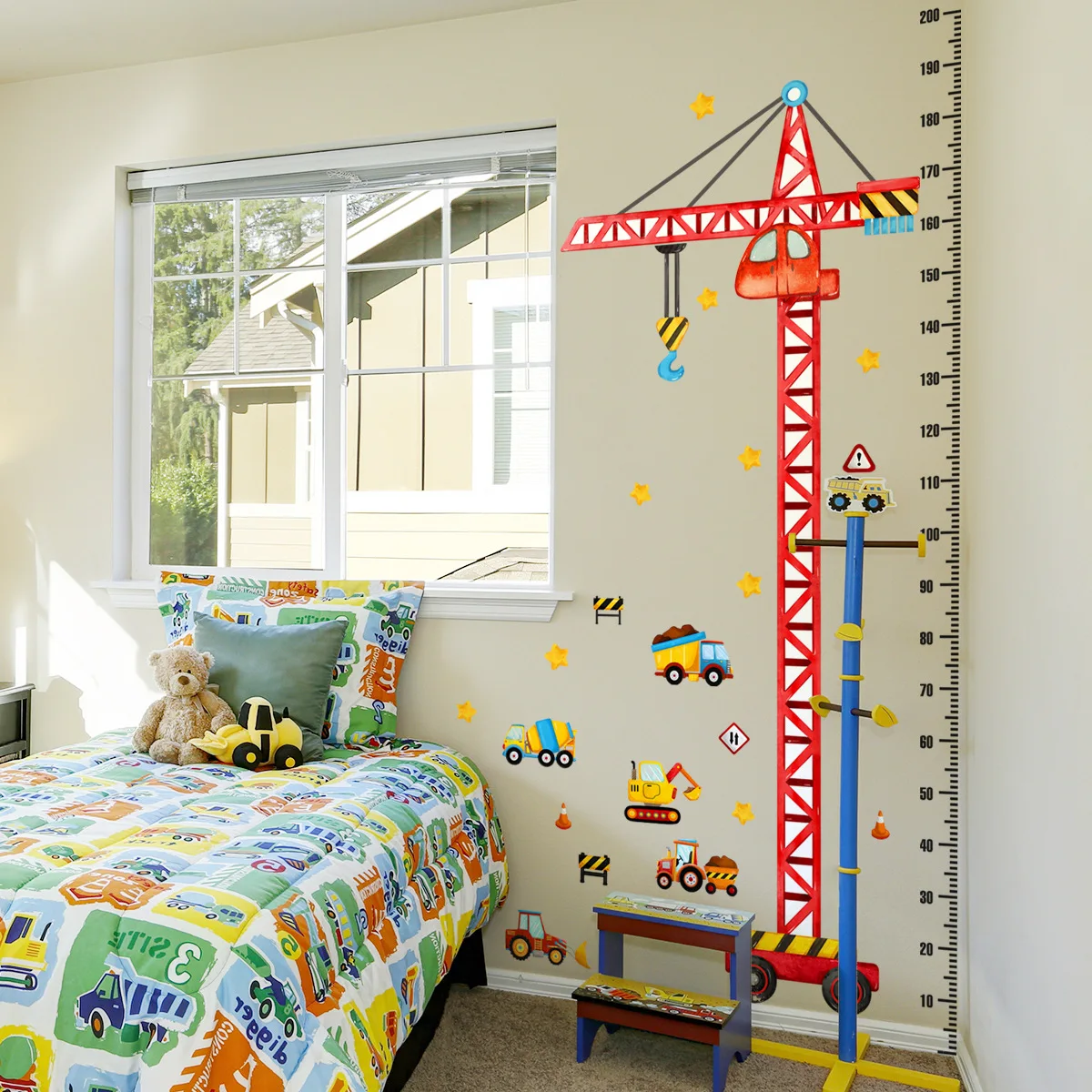 Tower Crane Cars Measure Height Wall Sticker Boy Room Living Room Bedroom Child Room Height Wall Sticker for Kids Room Decals