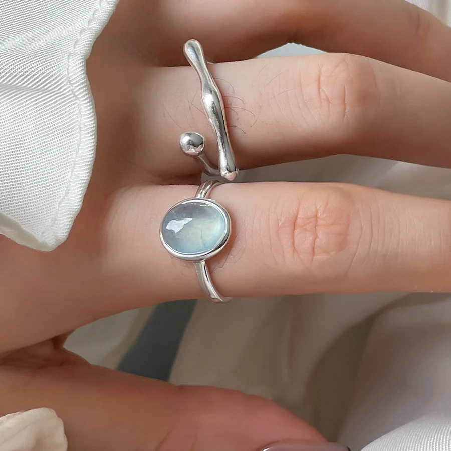 925 Silve Plated Moonstone Irregular Ring for Women Party Gift Adjustabler Personality Korean Dropshipping