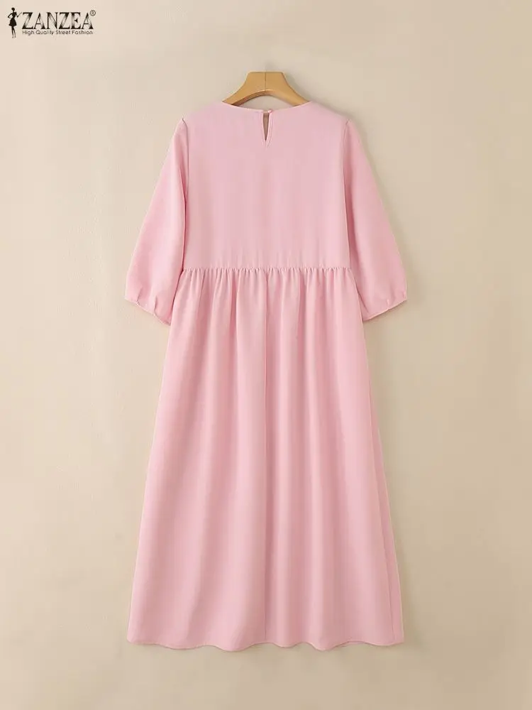 ZANZEA Casual Women Maxi Dresses Square Neck 3/4 Sleeve Gathered Waist Solid Color Loose Long Dress Fall 2025 Woman Clothes 3XL