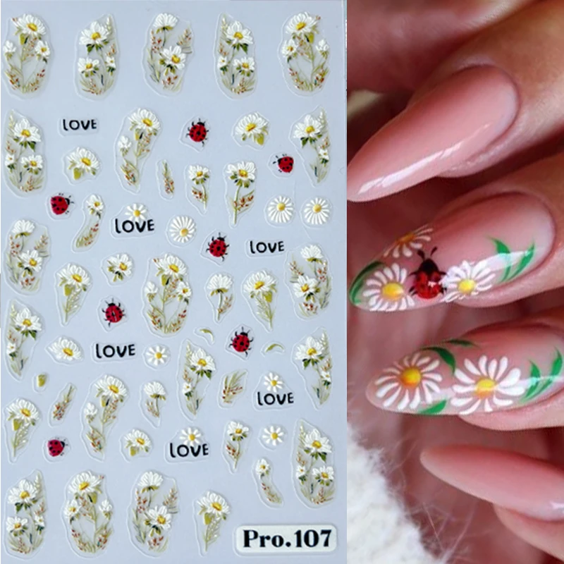 1Pc 3D White Daisy Nail Sticker Spring Cherry Flower Butterfly Insect autoadesivo Manicure decalcomania Charms fai da te