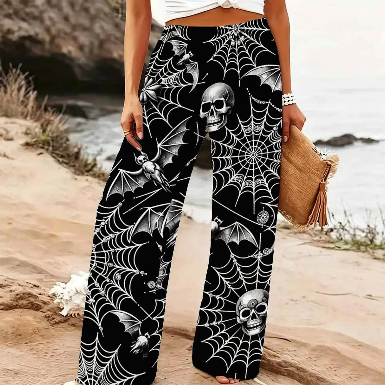 Women All Hallows' Day Wide Leg Pants Retro Mopping Pants Elegant Yoga Pants Winter Printed Trousers Autumn Loose Jogging Pants