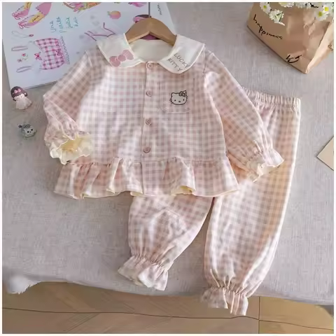 Hot Sanrio Girl Pajama Set Hello Kitty Kawaii Anime Spring and Autumn Student Grid Tops Pants Children's Clothing 2-Piece Set