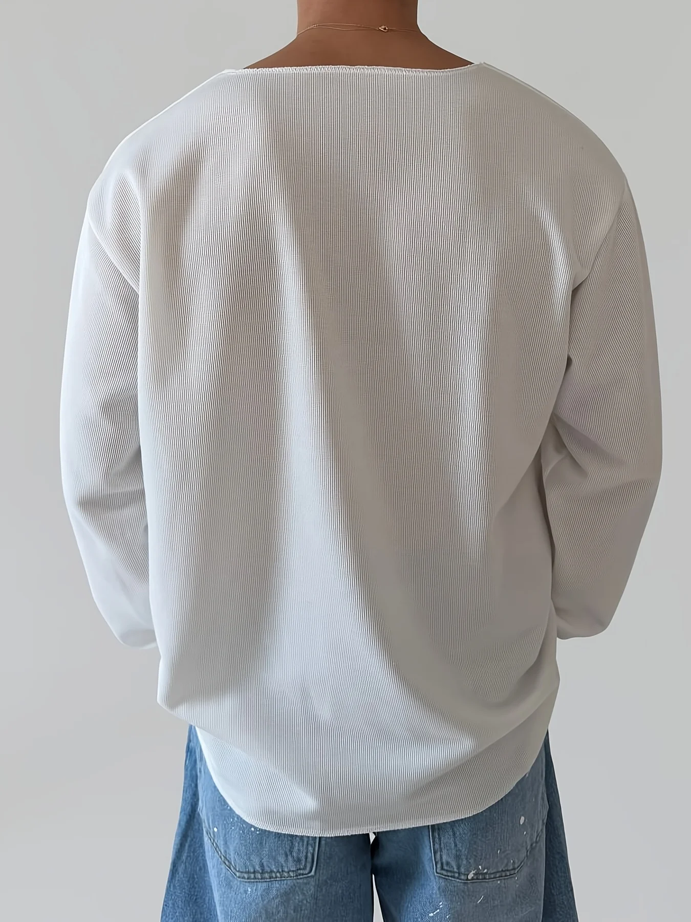 Herren-T-Shirt mit langen Ärmeln, einfarbig, gerippt, locker geschnitten, Oversize, Rundhalsausschnitt, Pullover, lässiger Streetstyle, Basic-Oberteil für Herren – Detail 4