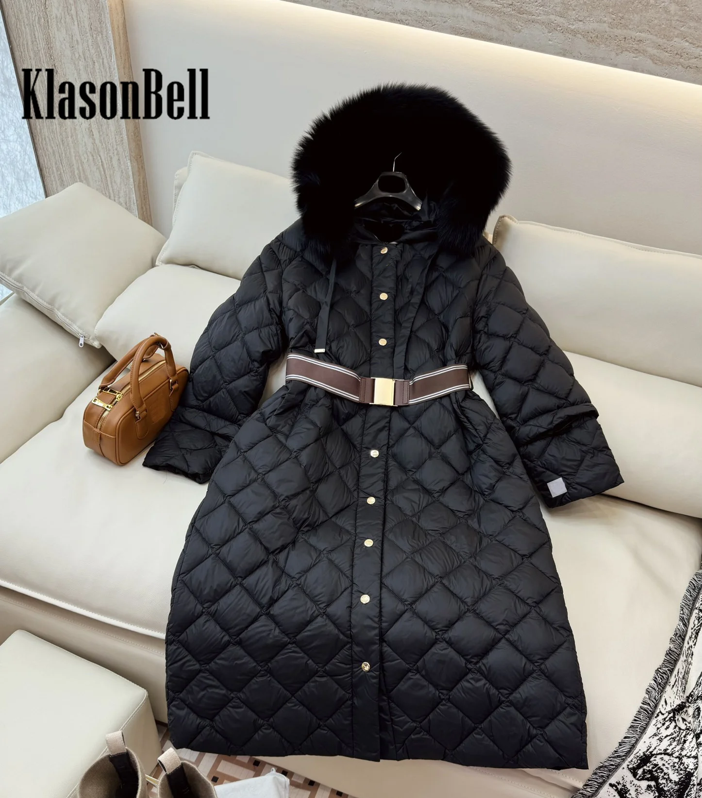 9.6 KlasonBell Women Luxury Fox Fur With Metal Belt Long Goose Down Jacket Quilted Argyle Plaid Spliced Long Sleeve Down Coat