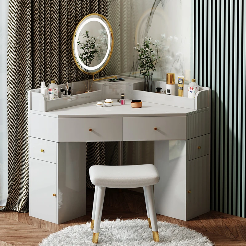

White European Vanity Table Dest Modern Simple Solid Wood Drawer Makeup Vanity Desk Led Mirror Coiffeuse Meuble Furnitures Home