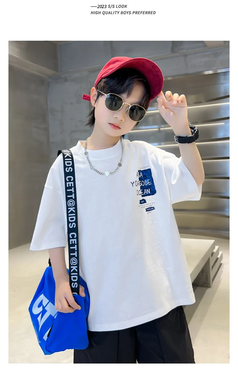 Boys T-Shirt Short-Sleeved New Summer Elementary School Students Fried Street Cotton Half-Sleeved Tops Summer Boys Tide T