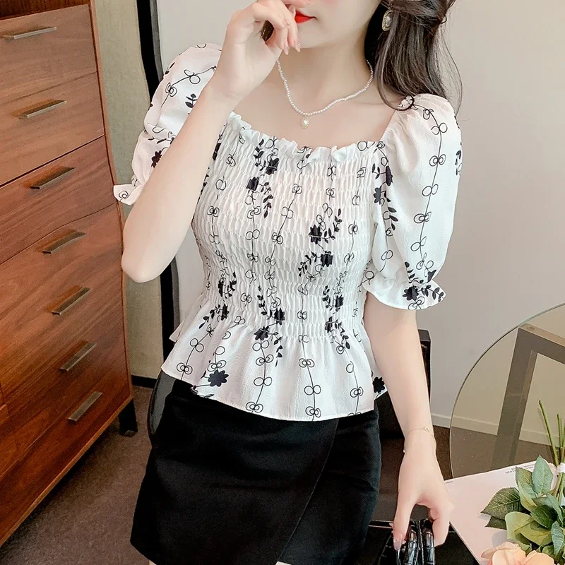 Women Puff Sleeve Tops Sexy 2024 Korean Fashion Off Shoulder Casual Blusas Mujer Elegant Printed Slim Chiffon Blouse Corset Top