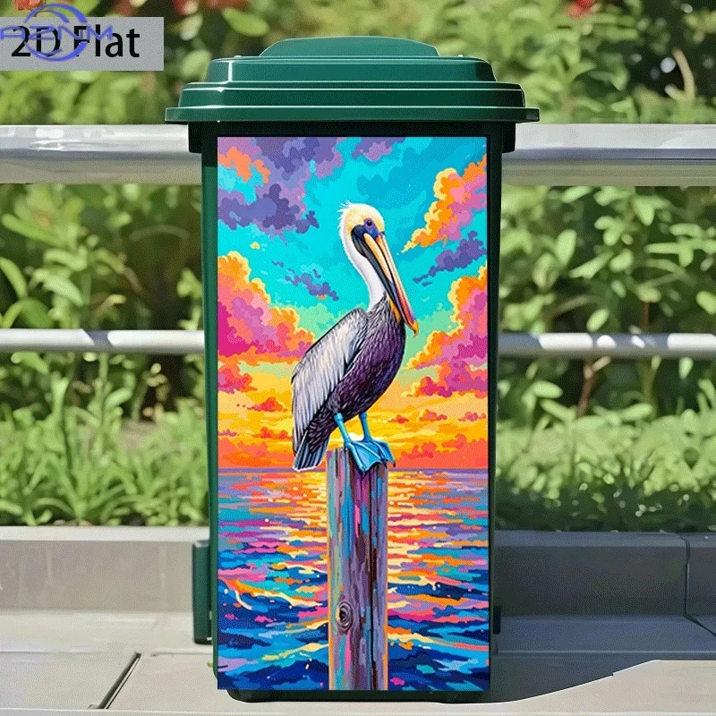 2D Flat Printing 1pc Trash Can Sticker  Pelican in Sunset Theme Design Self-Adhesive Wall Decal Wallpaper Suitable for Trash C