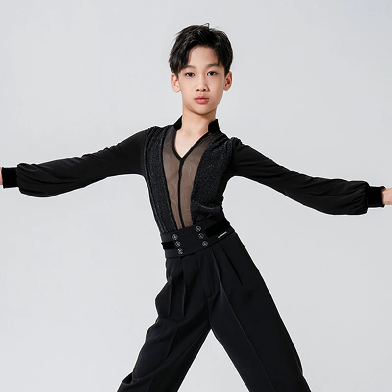 

2026 New Latin Dance Tops For Boys V-Neck Loose Long Sleeved Shirt Samba Chacha Tango Children Latin Dance Stage Wear XH4101