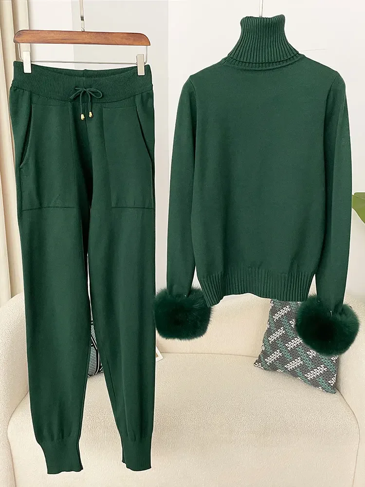 2025 feminino nova moda outono inverno camisola de malha calças compridas conjunto jaqueta camisola grosso quente natural real casaco de pele de raposa feminino