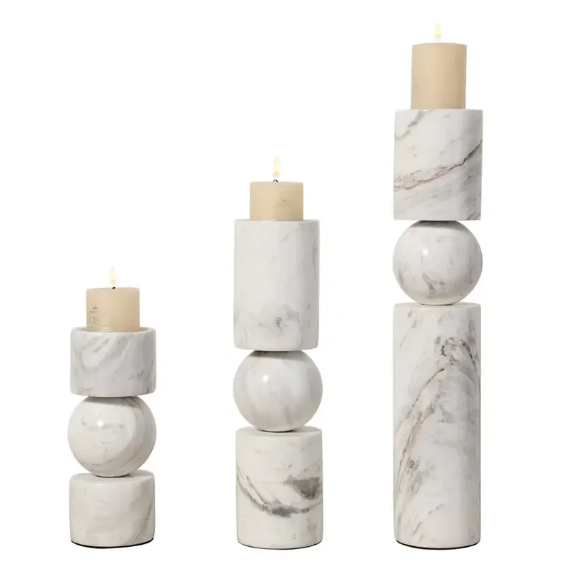 White Marble Candle Holder European Style Cylindrical Stone Pillar Stand Home Decor Ornament for Living Room Table