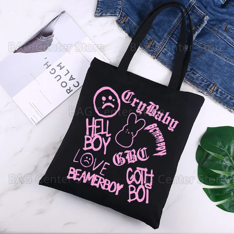 Lil peep bolsa de lona casual grande bolsa de mão para mulheres senhoras bolsa de compras impressão grande capacidade saco preto