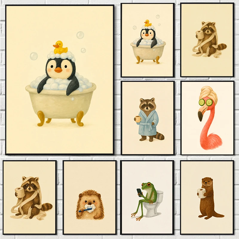 Funny Cute Bathroom Animal Wall Art Print Whimsy Raccoon Frog Penguin Flamingo Poster Novelty Toilet Restroom Home Wall Decor