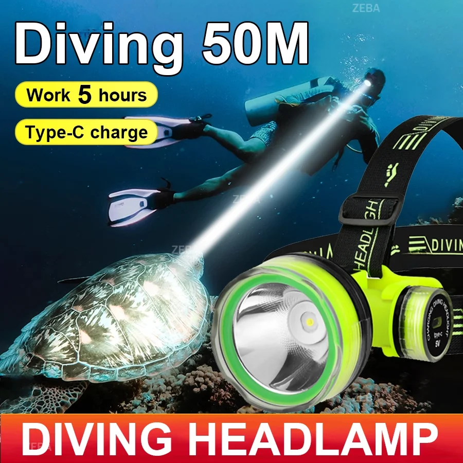 Portable Rechargeable Diving Head Torch 50m Underwater Submersible Waterproof Super Bright LED Headlamp Diver Fishing Scuba Lamp