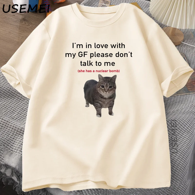 I'm in Love with My GF Funny Cat T-shirts Boyfriends Cotton Loose O-Neck Oversized Tee Men's Short Sleeve T-shirt Couple Tees view 3