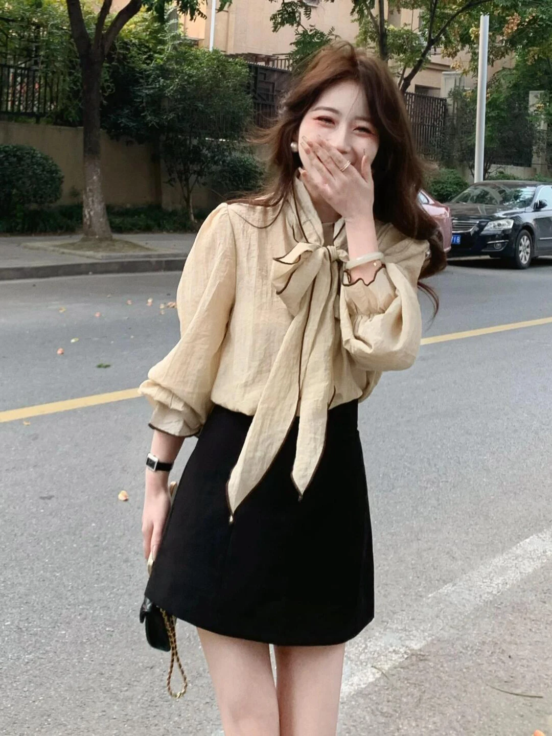 

French Style Knot Long Sleeve Loose Design Women's Shirt Khaki Color Spring 2026 New Arrival Elegant Lady Fashion