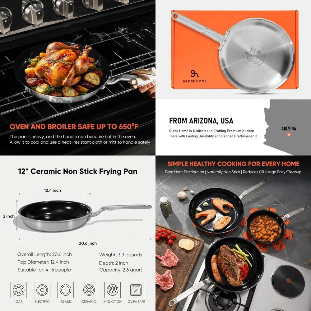 

12-Inch 5-Ply Stainless Steel Clad Nonstick Skillet, Safe and PTFE/PFOA-Free, Oven-Safe Cookware for Induction and All Stoves up