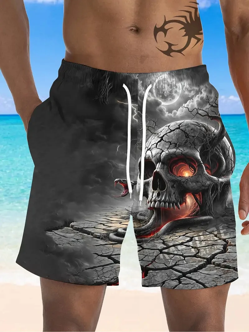

2025 New Men Beach Pants Horror Skull 3D Printed Men's Shorts Summer Quick-drying Trunks Men's Clothing Hawaiian Trendy Shorts