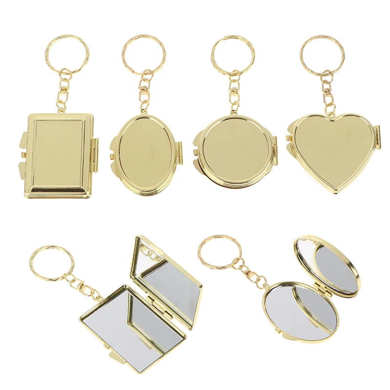 Gold Mini Folding Mirror Keychain Round/Heart/Oval Square Shape Double Sided Cosmetic Mirror Keyring Makeup Mirror Women Gift
