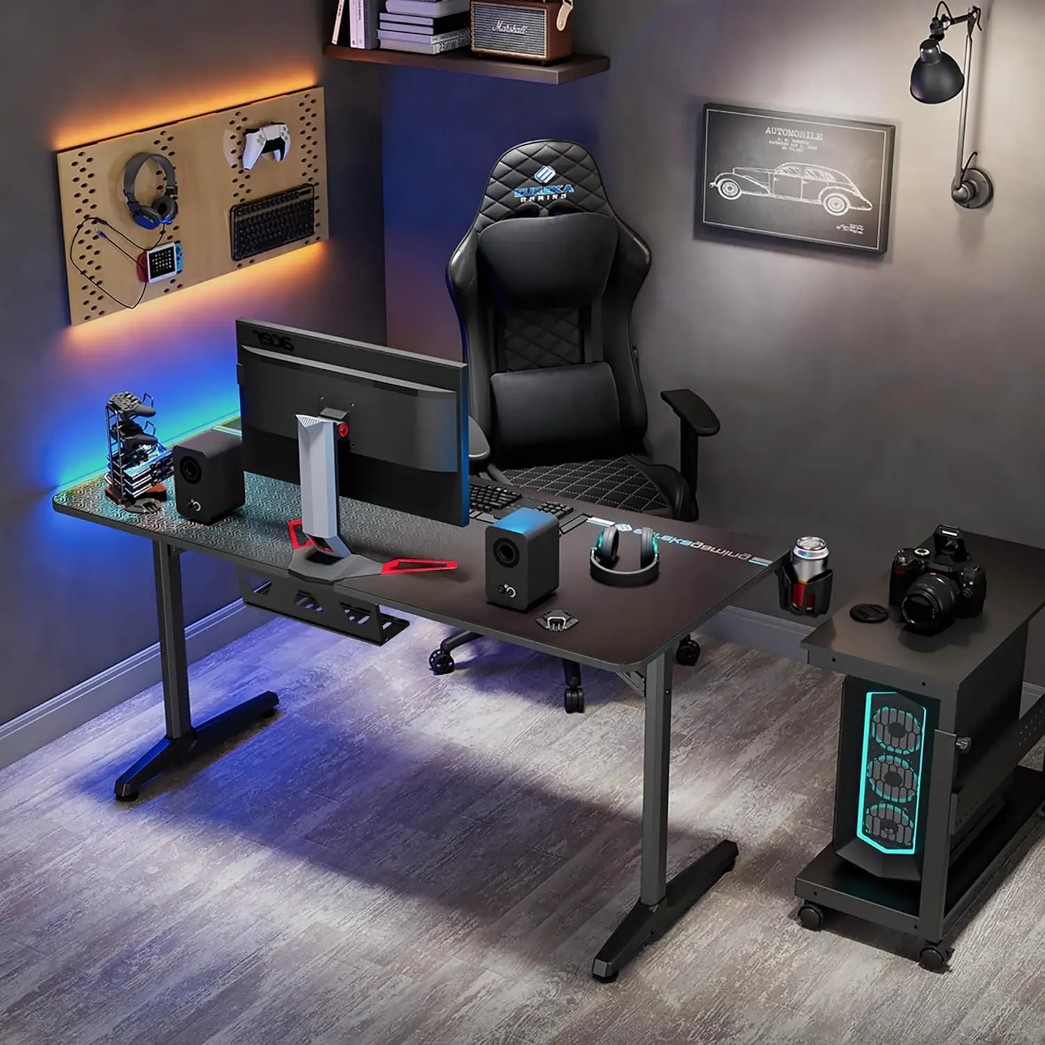 Eureka Ergonomic 60 Inch Gaming Desk With Full Mouse Pad, Large Home Office Curved Computer Desk For 3 Monitors With Cup