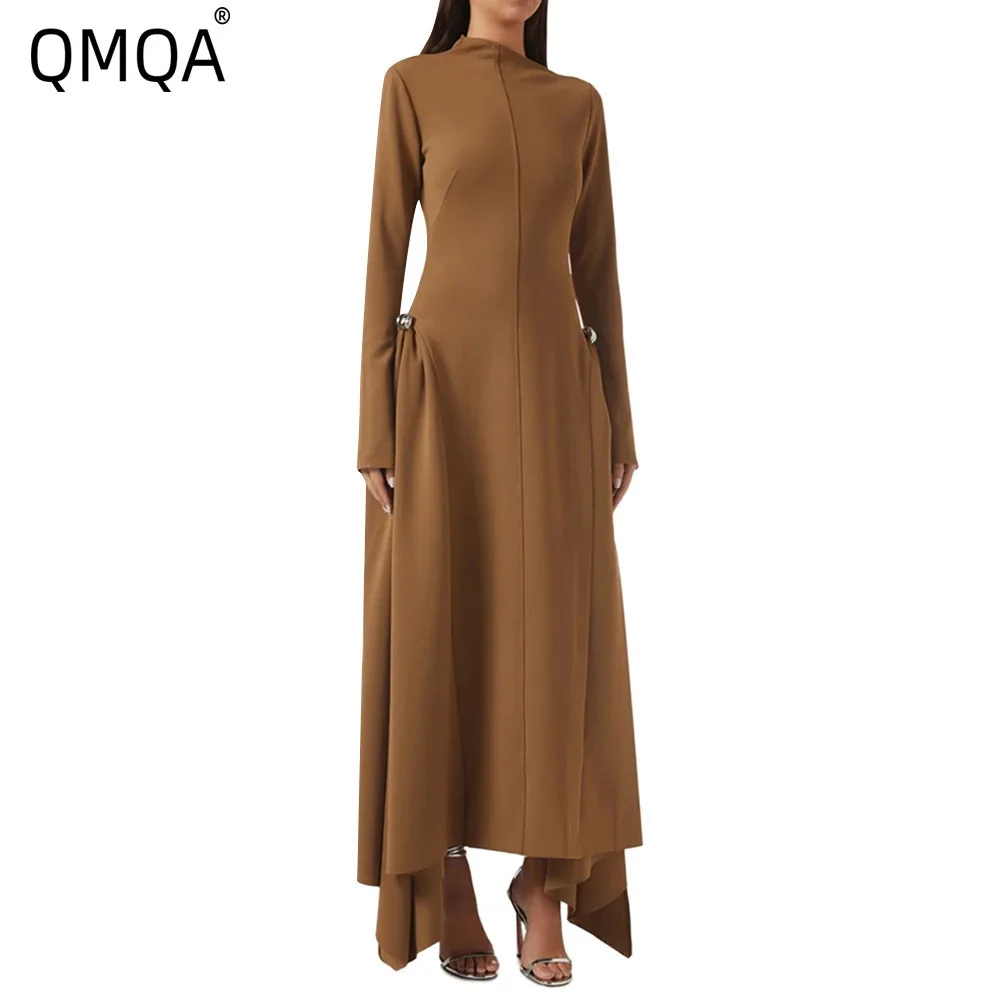 QMQA Fashion Women's Solid Slimming Spliced Ruffles Fold Dresses Slanted Collar Long Sleeve Tunic Irregular Dress Female 1A794