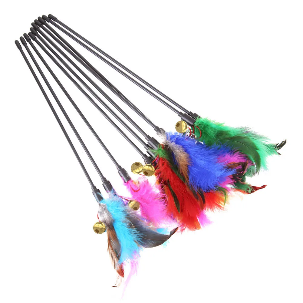 5 unids/set varilla corta palo interactivo pluma colorida pluma de pollo palo para gato campana exquisita novedad creativa suministros para gatos mascota