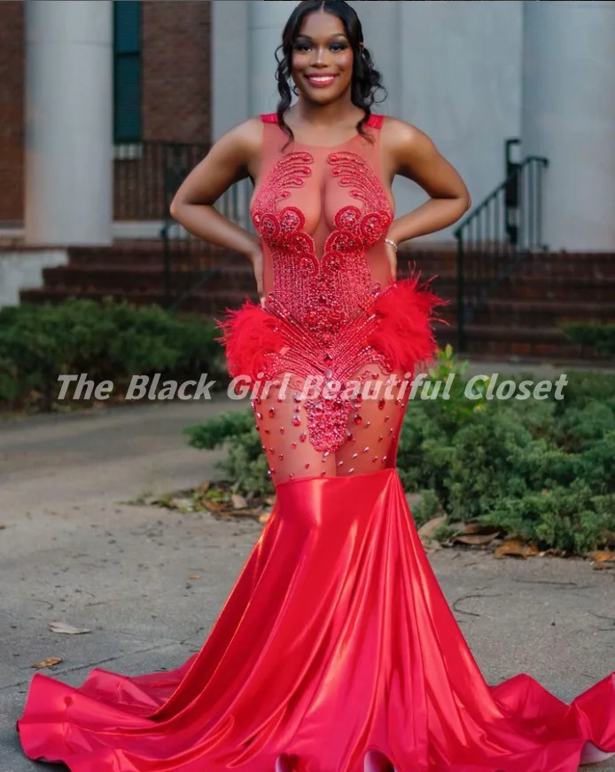 Sparkling O Neck Red Prom Dresses Luxury Rhinestone Beaded Sequins Party Gowns 2025 Black Girls Sexy Ruffle Fishtail Long Dress