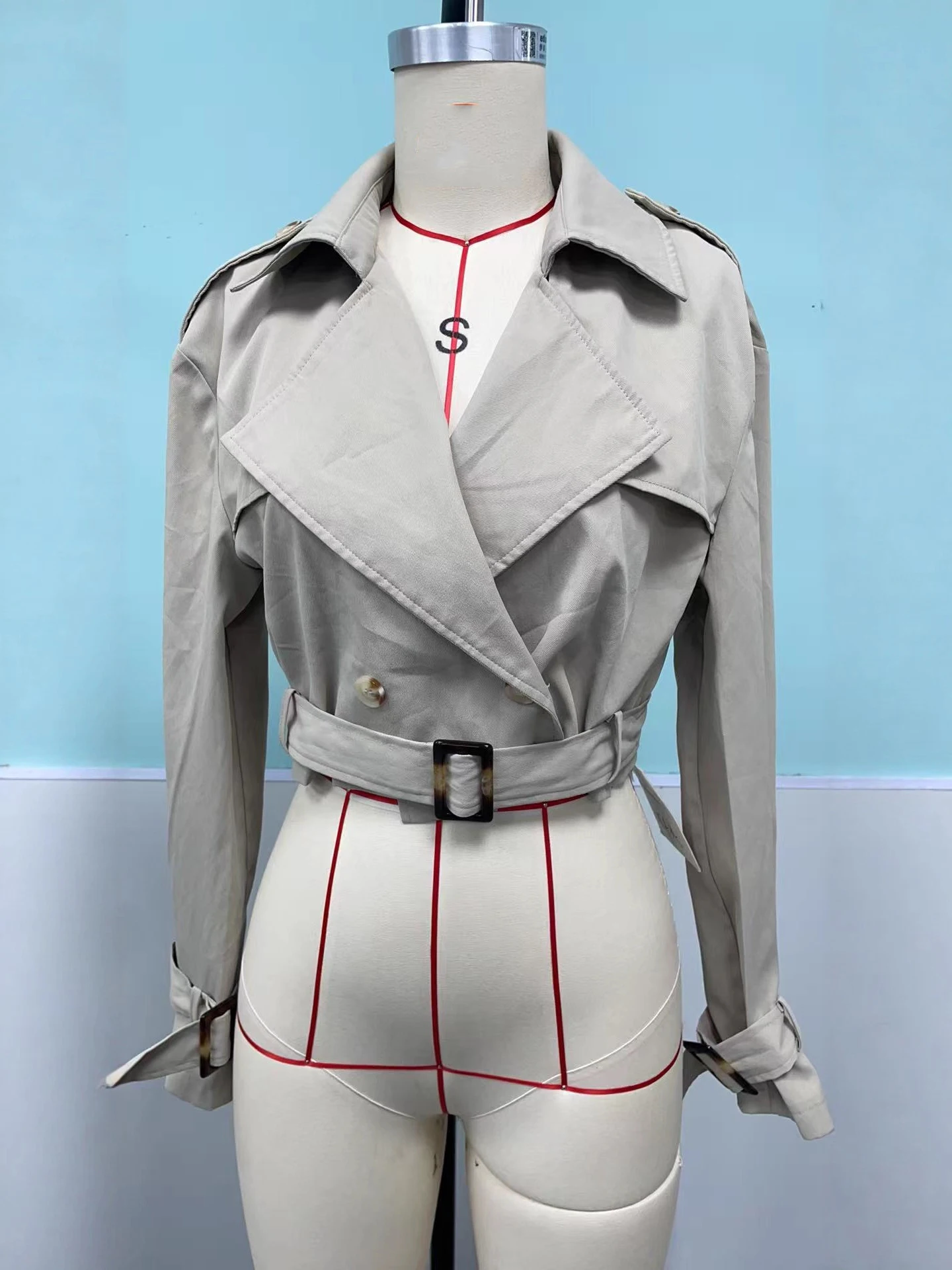 

Short Style Jacket with Belt Spring Autumn Women Single Button Clothing European American Long Sleeve Casual Windbreaker Coat