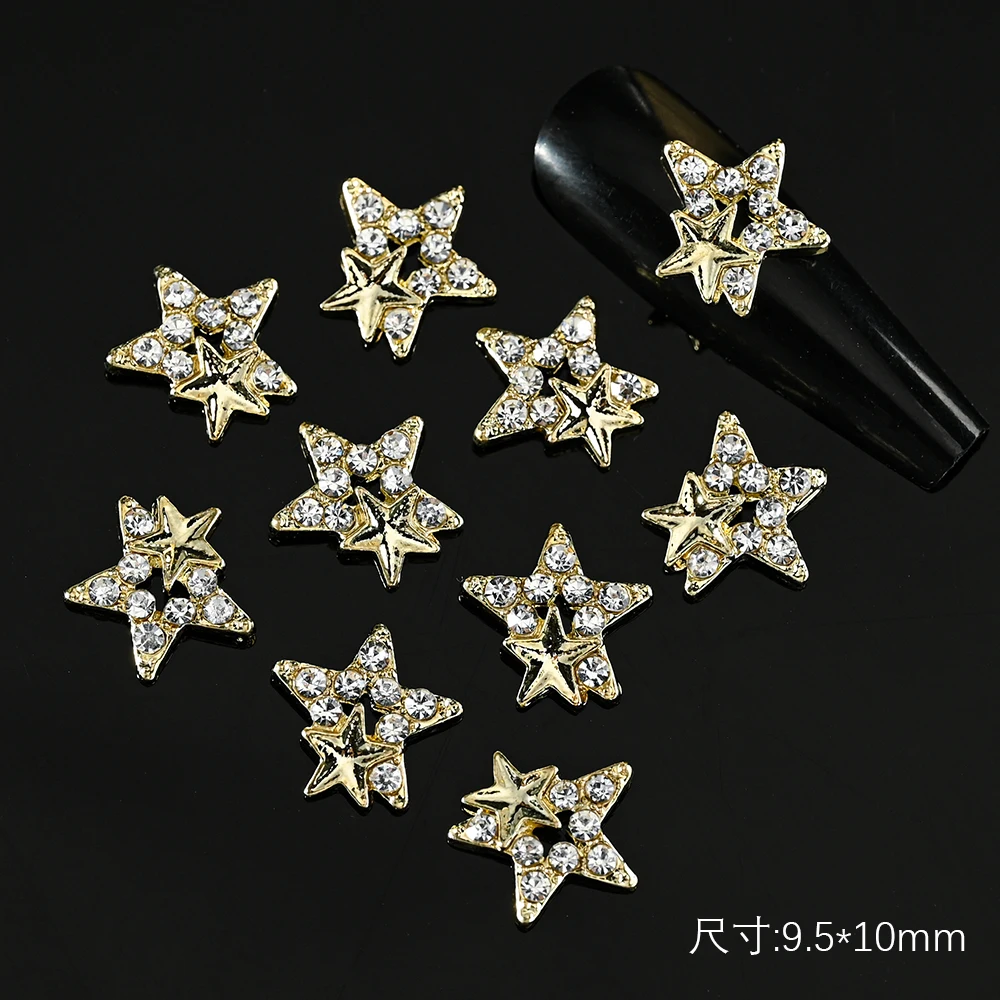 10pcs 3D Silver Pentagram Star Nail Art Alloy Rhinestone Luxury Metal Star Charms Nails Jewelry Gem Manicure Nail Art Decoration