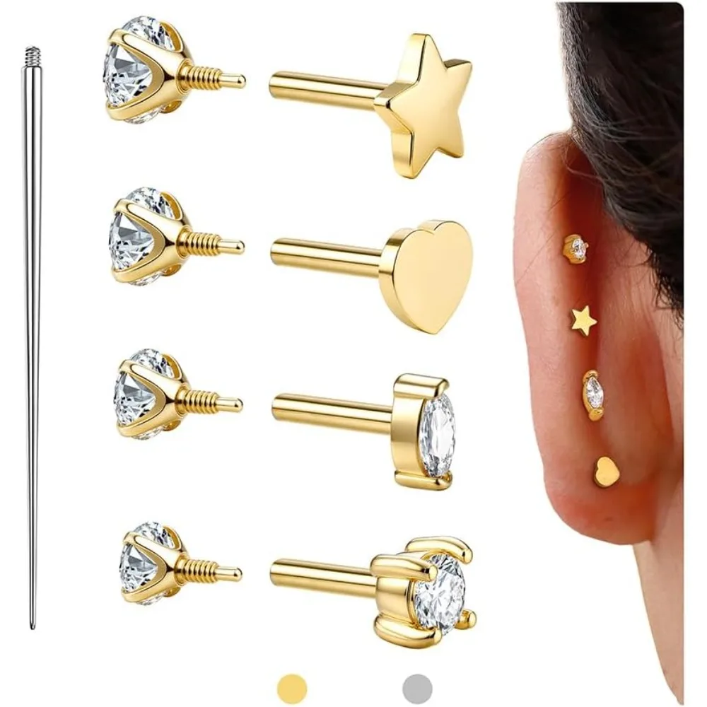 Drperfect Reversible Flatback Earrings Studs for Women Men 14K Gold Plated Surgical Steel Earring Cartilage Helix Piercing Jewel