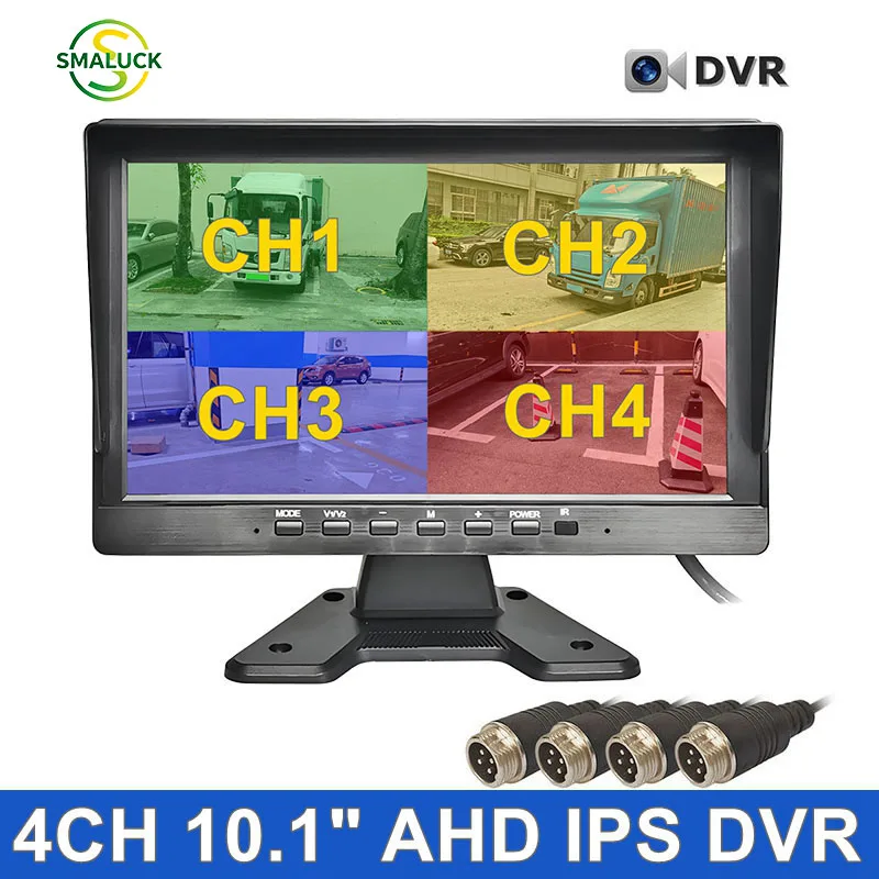 

SMALUCK 10.1-дюймовый AHD IPS монитор с четырехканальным разделением экрана для камеры заднего вида, поддержка камер AHD CVBS 720P 1080P, запись видео на SD-карту