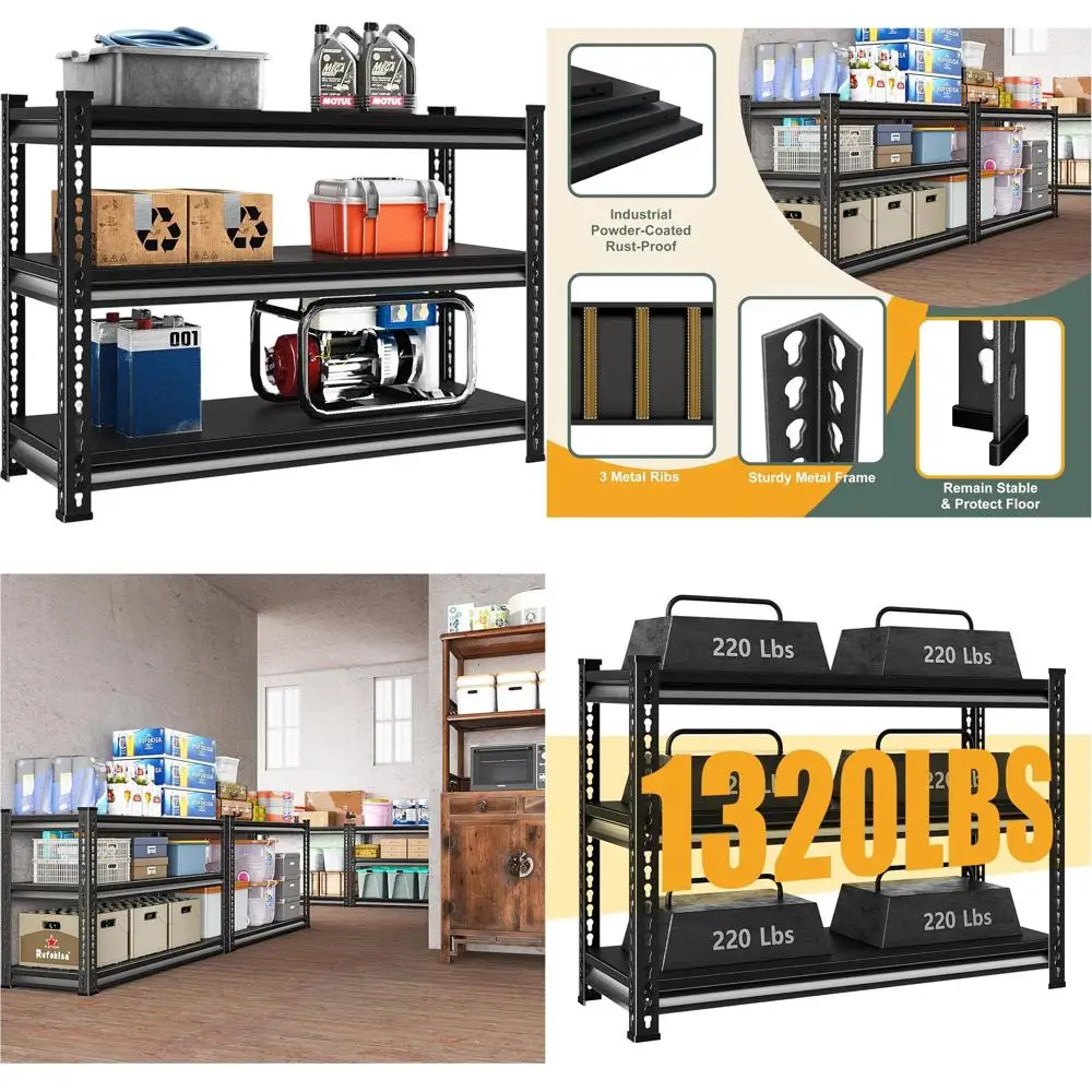 

Прочная 3-ярусная металлическая стеллажная система для гаража, грузоподъемность 1320 фунтов, 40Ш x 18Г x 36В, черная