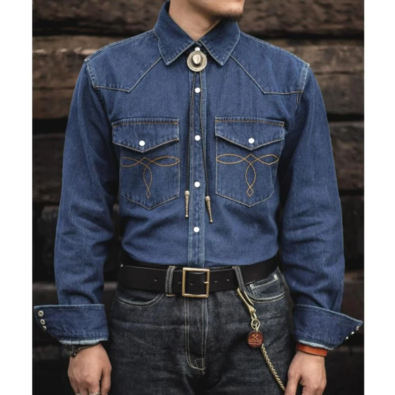 Heavyweight Classic Mens Cargo Denim Shirt Cotton Wear-resistant Washed Cowboy Cardigan Pockets Single Breasted Tooling Tops