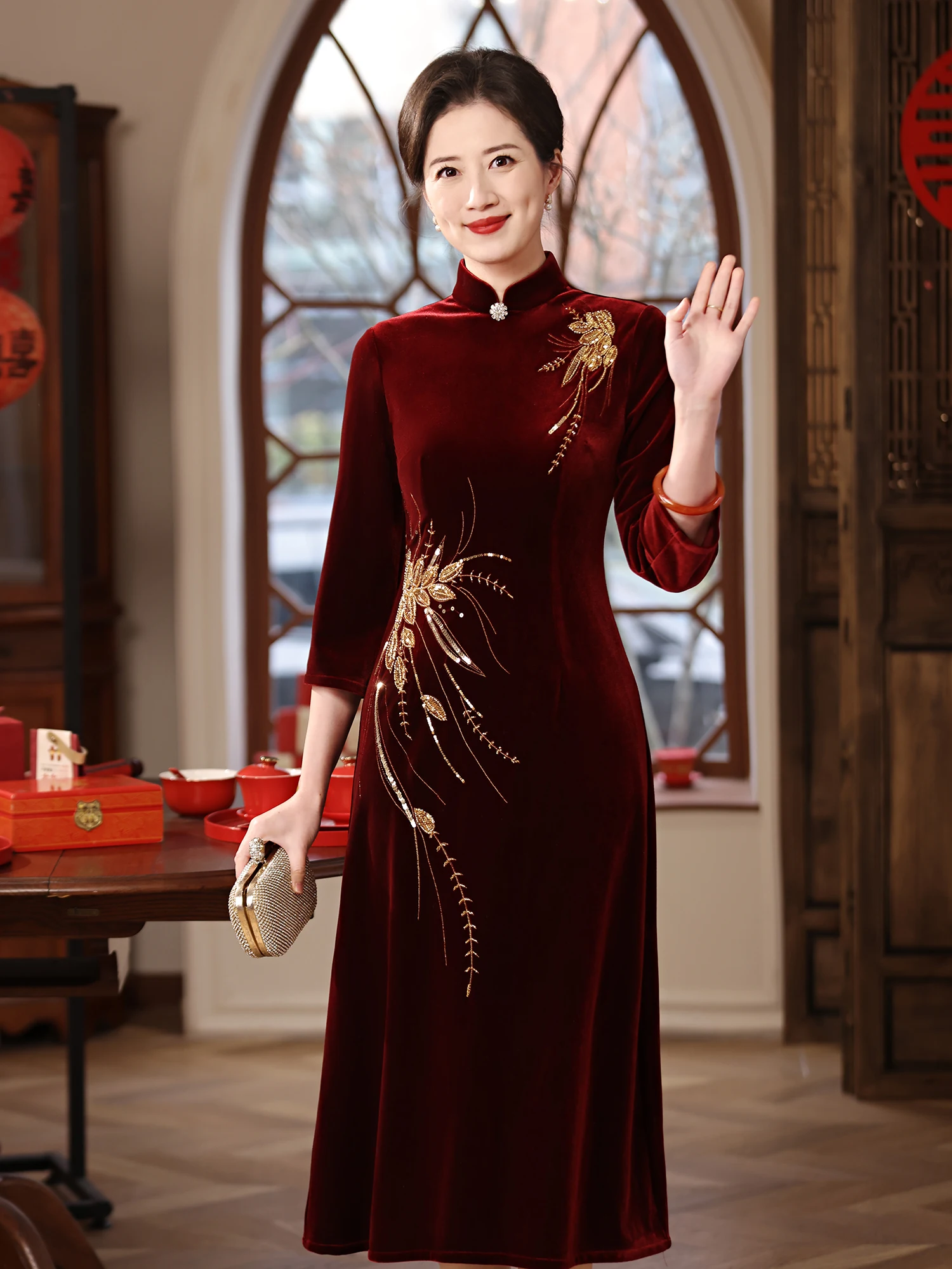 

Brideom Mother Wedding Dr Long Sve Velvet Embroidered A-Line Qipao Ele Vintage Sle Mid-Length Polyester