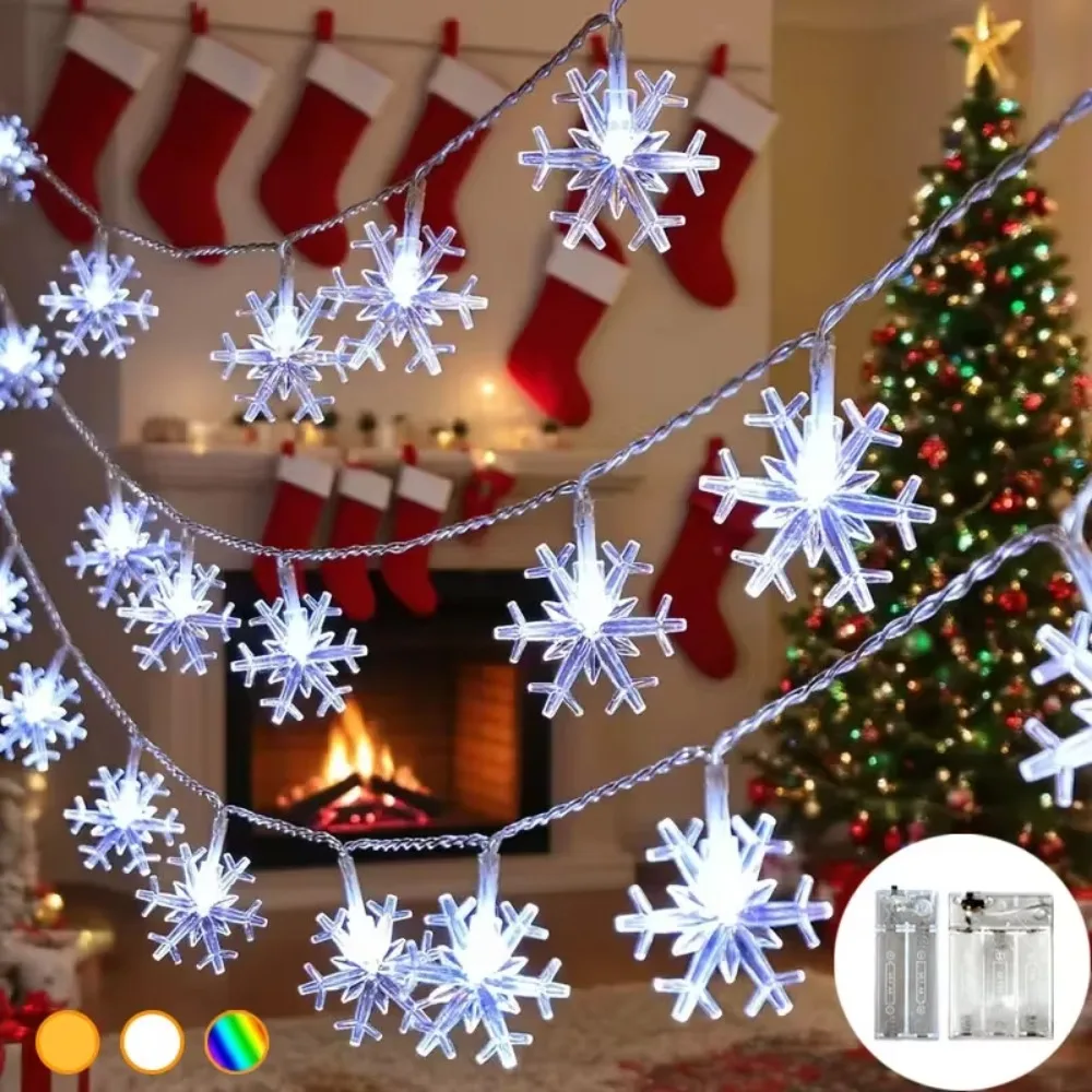LED String Snowflake Lights Battery Powered White for Christmas Tree Fireplace Wedding Party New Year Festive Room Decor