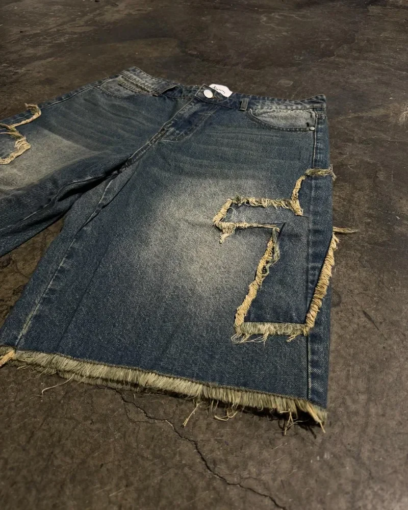 Pantalones cortos de mezclilla de gran tamaño para hombre, pantalones de chándal desgastados, diseño bordado con borde cruzado, estilo hip hop, alta calidad, Verano