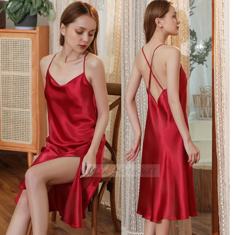 

Sexy Backless Split Suspender Skirt Sleepwear Nightdress New Summer Women Nightgown Nightwear Casual Satin Home Dress Loungewear