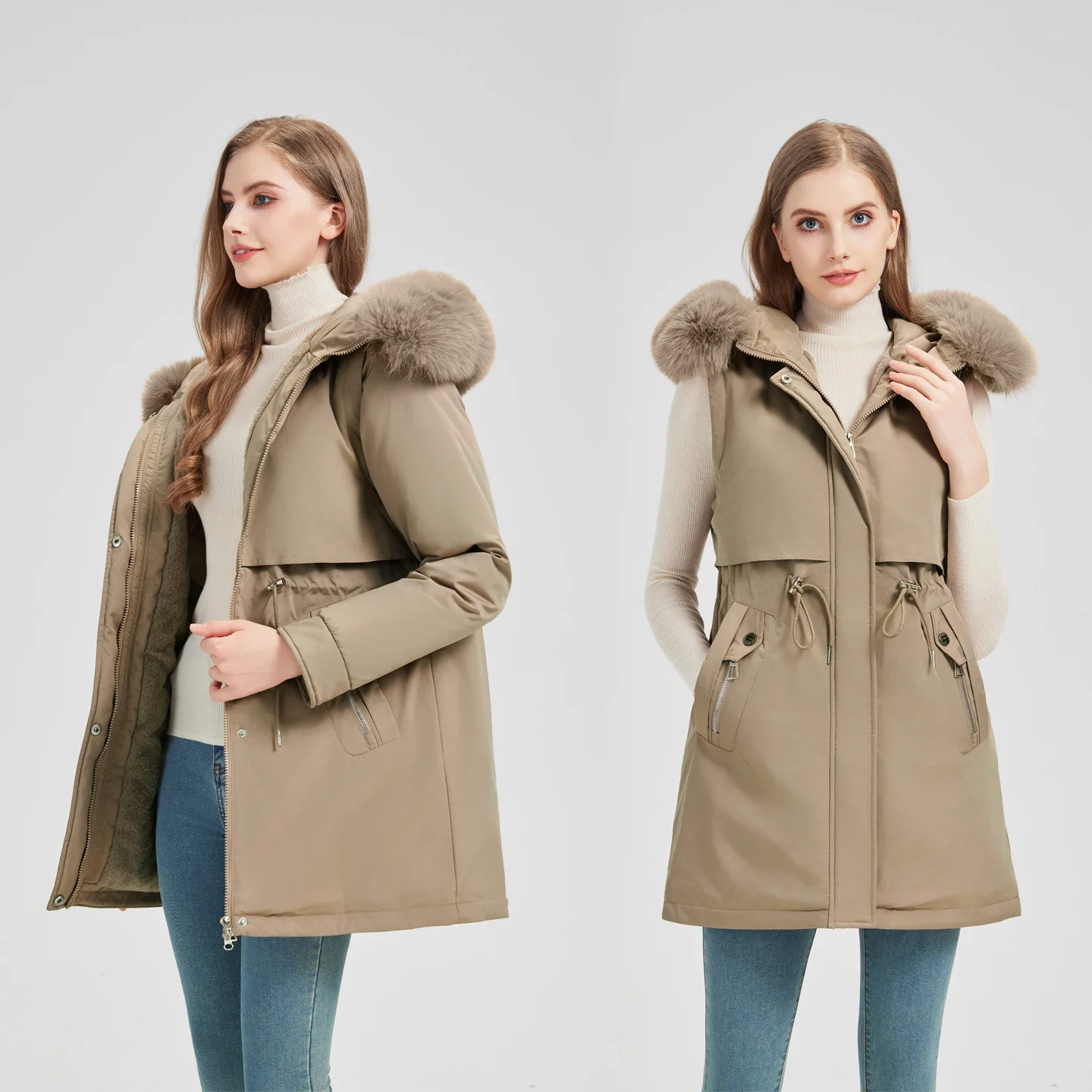 Women's Mid-Length Detachable Sleeve Cotton Jacket Fashionable Cotton Overcoat Winter Fleece 2025 New Style