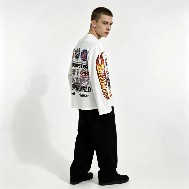 Unisex Y2K racing pattern waffle knit long sleeved T-shirt with retro racing print round neck loose streetwear casual top