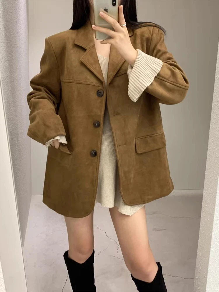 

Chic Autumnal Vintage Mearald Deer Skin Velvet Double ket Loose Casual Long Sve Suit Jaet for Women Commute Sle