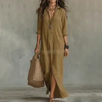 Casual Long Sleeve Loose Maxi Dress Women 2026 Summer Solid Color Turn-down Collar Beach Long Dresses Elegant Vestidos - Image 5