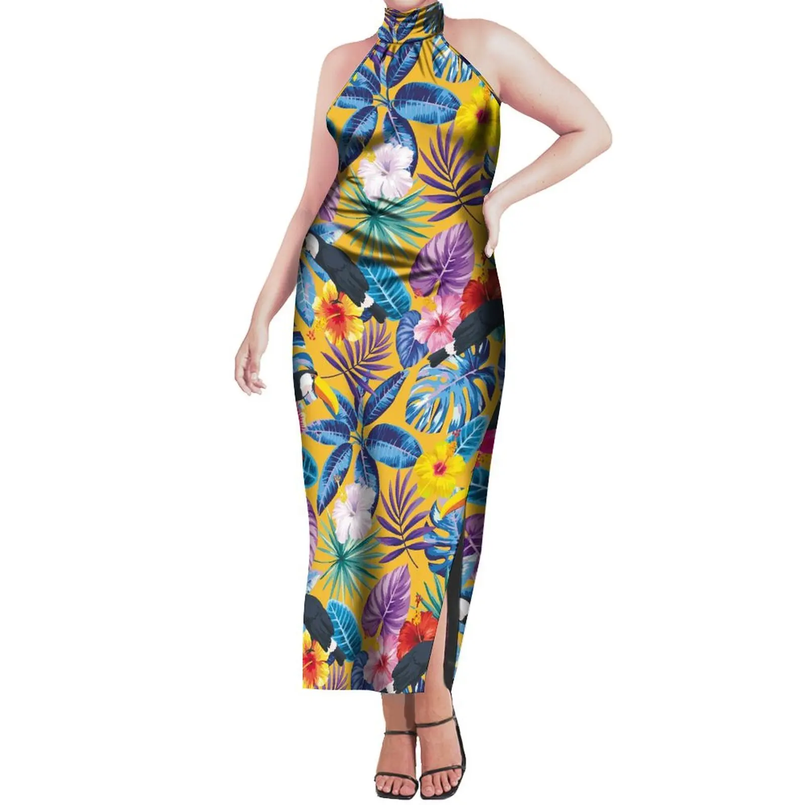 

Polynesia Sexy Sleeveless Halter Dress Custom Art Floral Print Hawaiian Party Dress Slim-Fit Maxi Skirt Pleated Design 2024