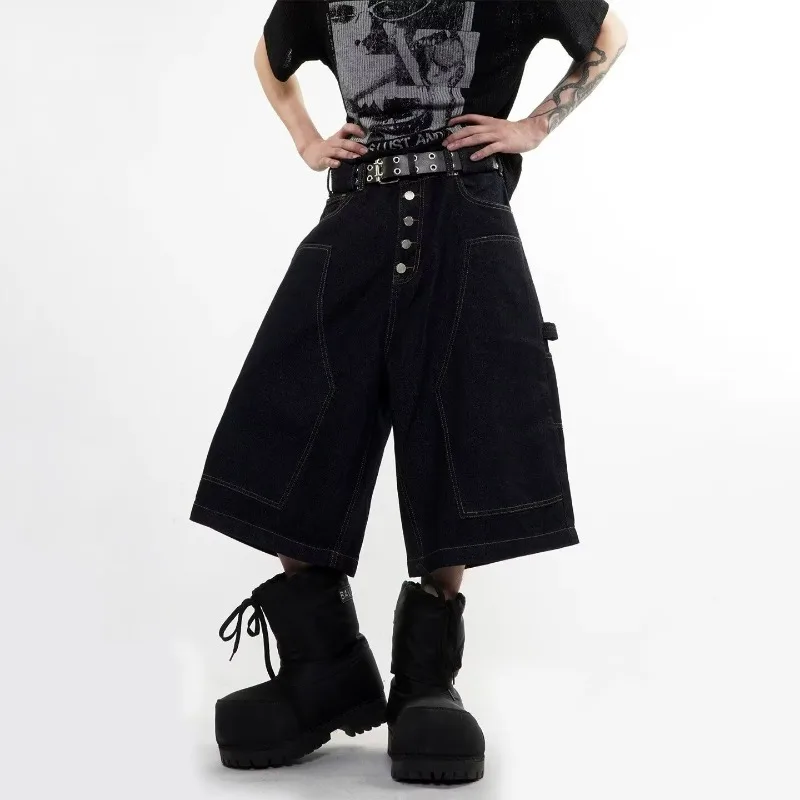KIDWHXR Summer Man Cargo Shorts American Loose Washed Single-breasted Male Denim Shorts Mid Waist Versatile Men Wide Leg Shorts