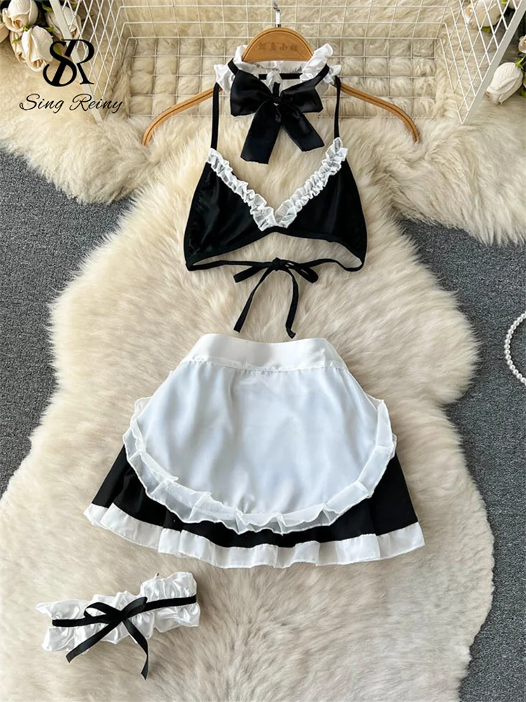 SINGREINY Maidservant Cosplay Porn Sexy Suits Women Halter Mini Bra+Short Skirt+Thongs Ruffles Sweet Lingerie Erotic Nightsuits