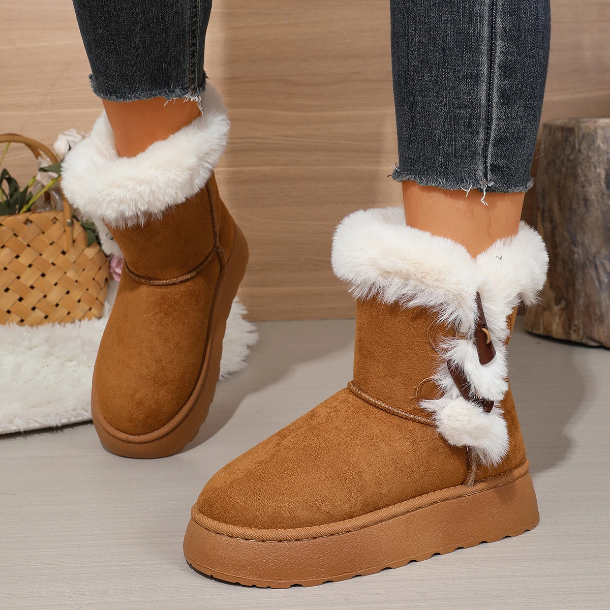 2026 Winter Neuer Stil Bequeme Modische Bestseller Runde Zehenkappe Elegante Lässige Schneestiefel Samt Dickbesohlte Damenstiefel – Detail 12