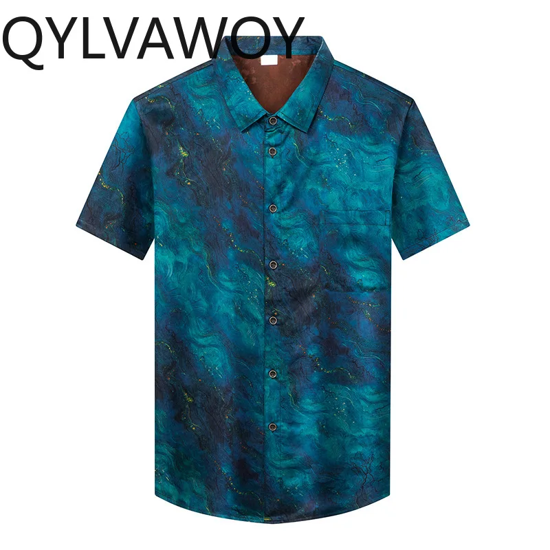 QYLVAWOY 100% Real Mulberry Silk 2026 Summer Shirts for Man High Quality Short Sleeve Thin Shirts Lapel Printed Man Shirts Daily