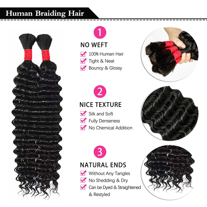 Onda profunda pacotes de cabelo humano em massa para trança sem trama 100g extensões de cabelo humano encaracolado brasileiro para boho tranças sem nós # 1B