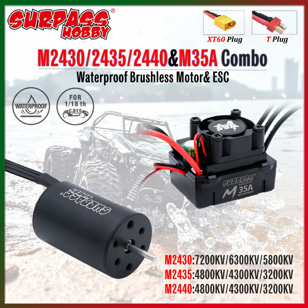 

SURPASS HOBBY Waterproof Combo M2430/2435/2440 Brushless Motor with M35A ESC 2S for Wltoys 1/16 1/18 RC Monster Car Truck Boat
